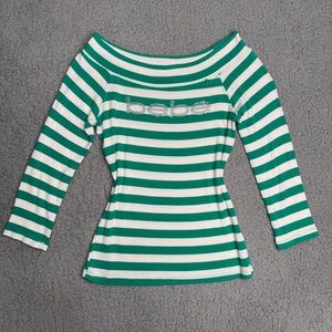 Bebe green white striped off shoulder top rhinestone logo Y2K mcbling size L